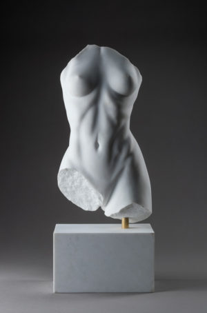 Entitled Maya, this is a photograph depicting a one-quarter life-size sculpture of a partial female torso in marble, created by sculptor Blake Ward
