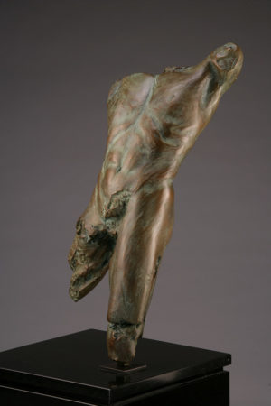 Entitled Pineapple Cluster BLU-3, this is a photo of a fragment of a one-quarter life size bronze sculpture. Depicted is the torso of a nude male figure missing both his legs from above the knee, both arms head and neck. By sculptor Blake Ward.
