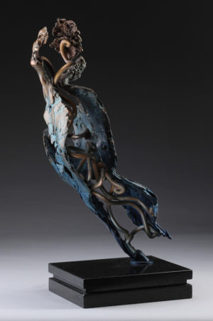 Entitled Angel Ambriel, this is a bronze sculpture of a partial male figure with an exposed interior structure created by sculptor Blake Ward.