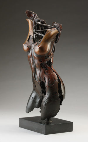 Entitled Angel Hamiah, this is a bronze sculpture of a partial female figure with an exposed interior structure created by sculptor Blake Ward