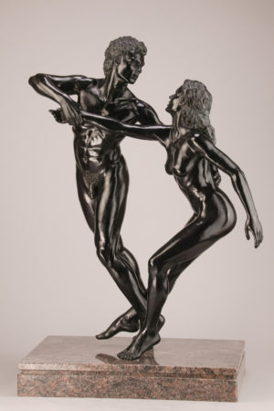 Entitled L'enlevement de Proserpine, this is a photograph depicting two one-quarter life-size bronze sculptures of a standing male and female figure, created by sculptor Blake Ward