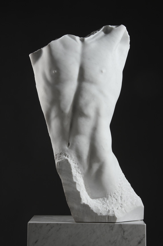Entitled Vestige, this is a photograph depicting a life-size marble sculpture of a male torso, missing a large section from the left side of the torso, created by sculptor Blake Ward